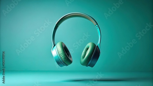 Levitating wireless headphones on a cyanite background Close-Up photo