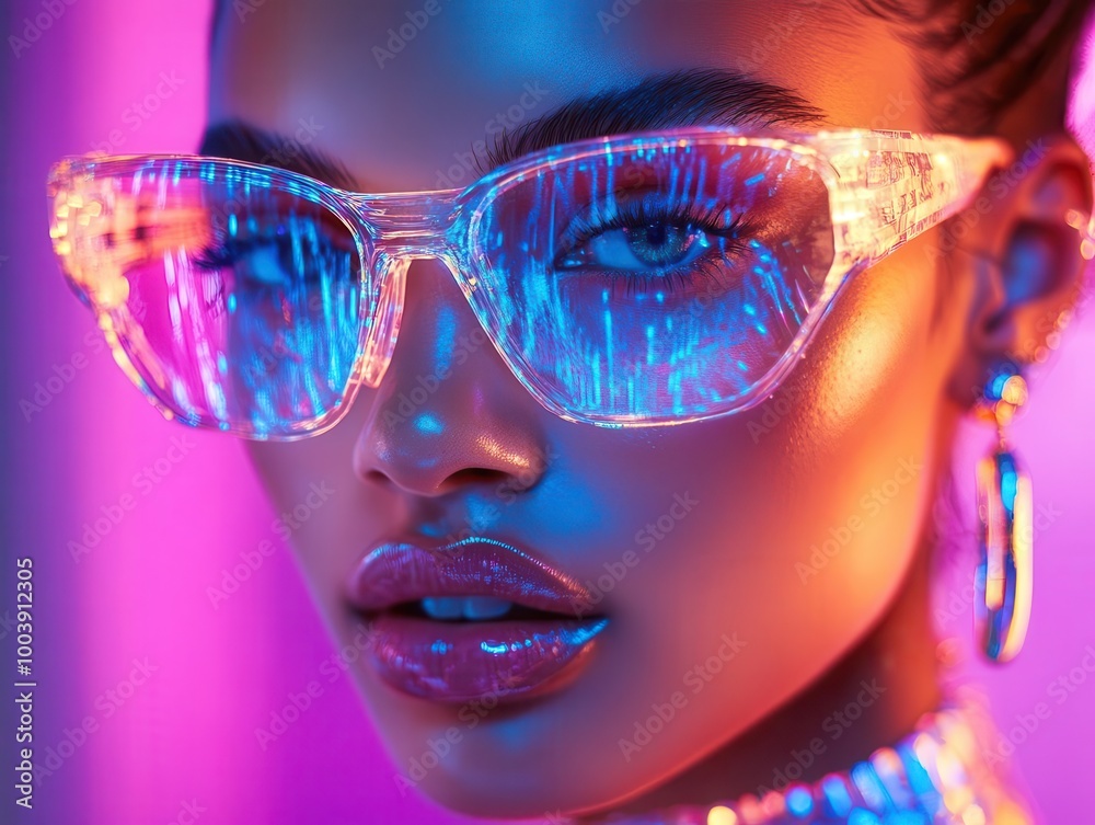 Fashion model posing with glowing holographic accessories in a futuristic digital photoshoot Futuristic Hologram High Detail Fashion model posing with glowing holographic accessories in a futuristic digital photoshoot Futuristic Hologram High Detail
