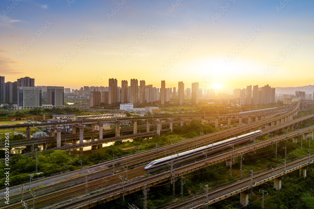 Fototapeta premium High-speed train crosses railway transportation hub
