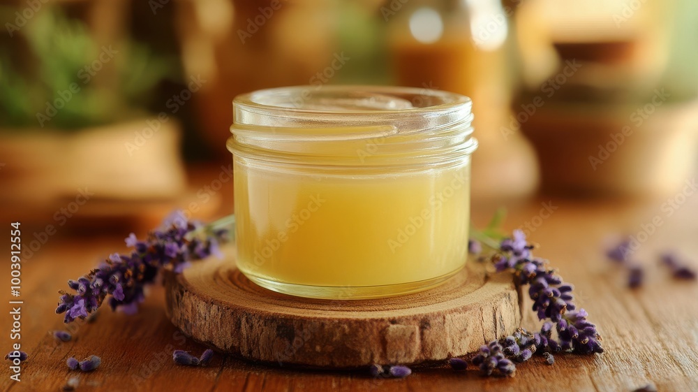 Natural lavender honey in a jar on a wooden surface with lavender flowers. Natural lavender honey in a jar on a wooden surface with lavender flowers.