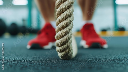 Person doing battle ropes in a gritty gym photo