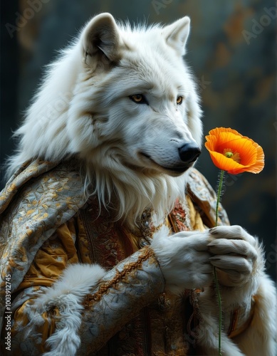 Portrait of a Anthropomorphic arctic wolf holds a poppy flower,dressed like a noble. photo