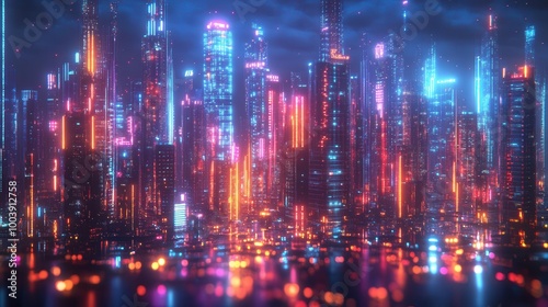 Festive decorations glowing with holographic lights in a futuristic cityscape Futuristic Neon High Detail