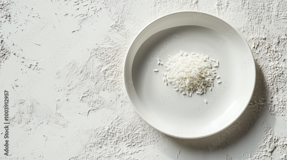 A small mound of plain white rice is placed on a simple white plate set against a lightly textured background, emphasizing minimalism and tranquility in food styling. A small mound of plain white rice is placed on a simple white plate set against a lightly textured background, emphasizing minimalism and tranquility in food styling.