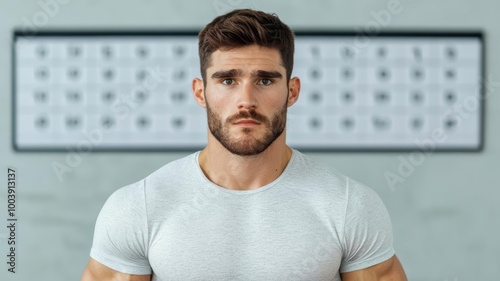 Man performing intense burpees in a minimalist gym, sweat flying, surrounded by a weekly workout plan on the wall, exercise routine, fatfighter intense fitness regimen concept