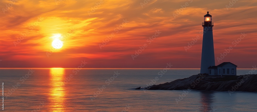 A solitary lighthouse stands tall on a rocky island as the sun sets over the horizon, casting a warm glow across the sky and the calm waters.