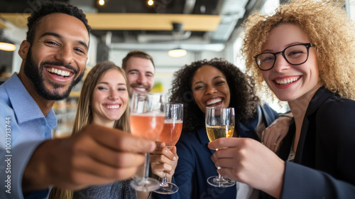 Team celebrates a significant milestone with drinks and smiles at a modern office gathering