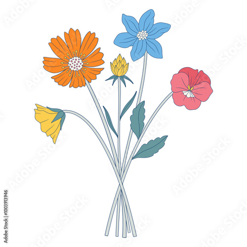 Bright bouquet of wildflowers. Bunch of meadow flowers with pansies and cosmea, wild plants, herbs. Botanical hand-drawn elements for design projects. Vector illustration