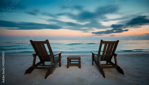 Serene beach scene featuring empty lounge chairs under a twilight sky