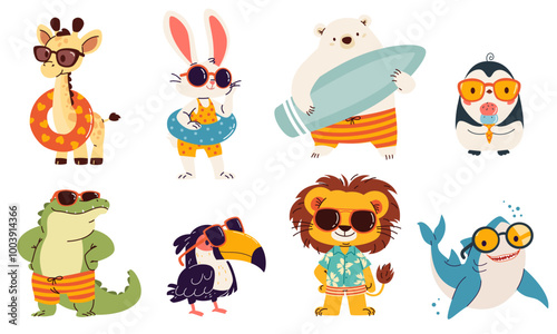 Set of vector illustrations in children's style on summer theme. Cute animals in sunglasses and surfboard. Lion polar bear penguin penguin shark toucan crocodile hare giraffe. Vector illustration