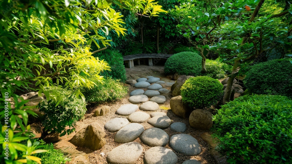 Stone Pathway to Secluded Bench in Japanese Garden Stone Pathway to Secluded Bench in Japanese Garden