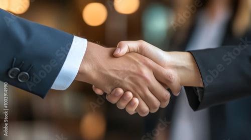 Business partners shake hands in a corporate office setting to signify a successful deal during a midday meeting