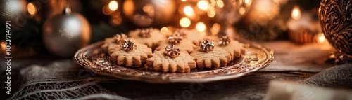 Delicious holiday cookies on a decorative plate, surrounded by warm lights and festive decorations, perfect for seasonal celebrations.