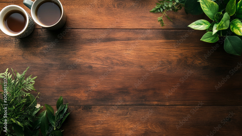 Cozy morning with two steaming cups of coffee on a rustic wooden table surrounded by lush green plants Cozy morning with two steaming cups of coffee on a rustic wooden table surrounded by lush green plants