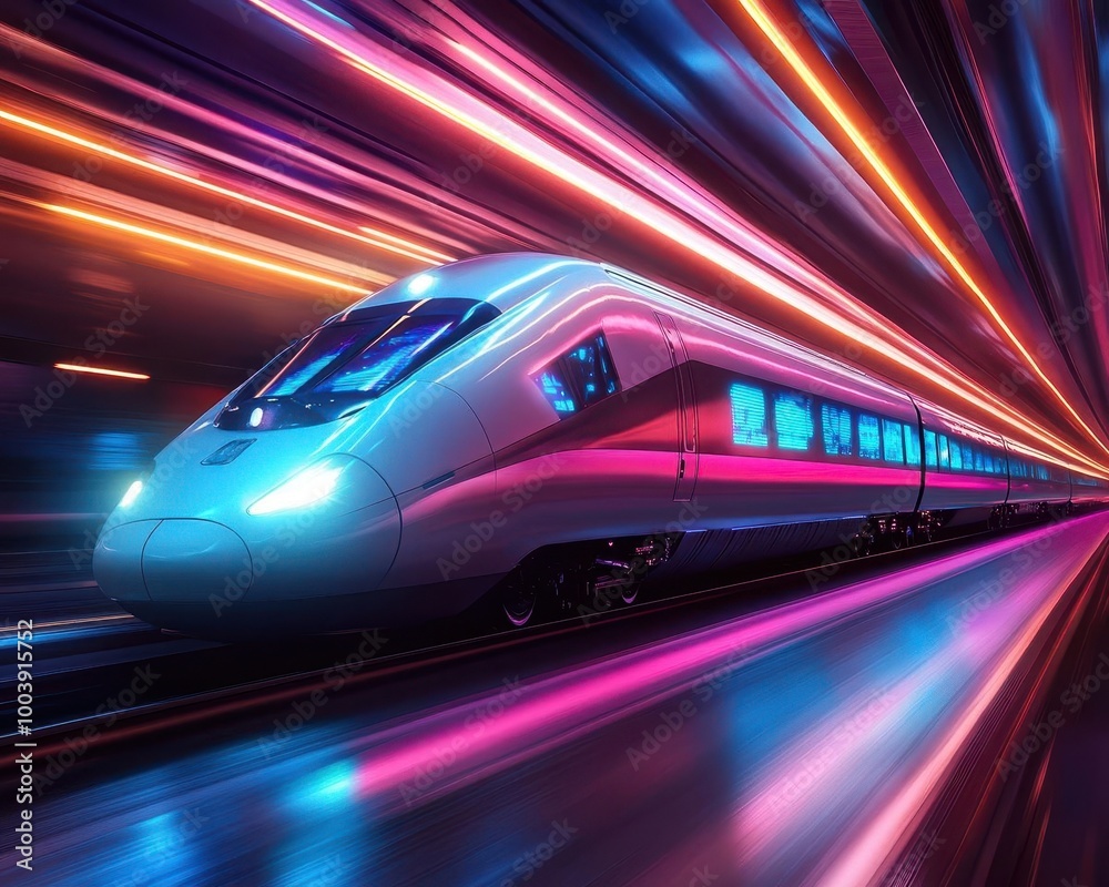 High-speed train traveling through a futuristic neon-lit landscape with holographic speed monitors Futuristic Neon High Detail High-speed train traveling through a futuristic neon-lit landscape with holographic speed monitors Futuristic Neon High Detail