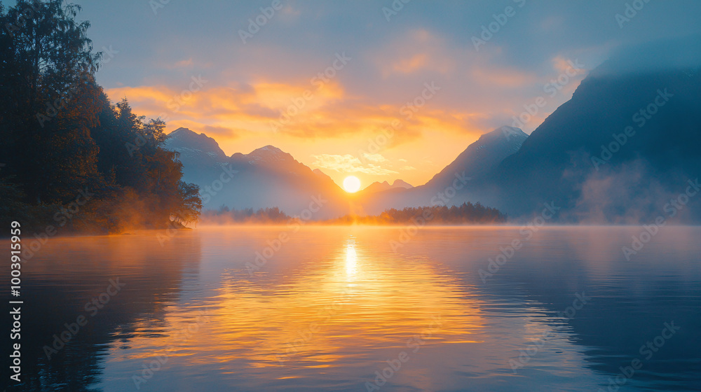 Breathtaking Sunrise Over a Serene Lake with Misty Mountains in the Background, Soft Golden and Blue Hues, Calm Waters Reflecting the Sky, Creating a Tranquil, Peaceful Atmosphere in Photorealistic De Breathtaking Sunrise Over a Serene Lake with Misty Mountains in the Background, Soft Golden and Blue Hues, Calm Waters Reflecting the Sky, Creating a Tranquil, Peaceful Atmosphere in Photorealistic De