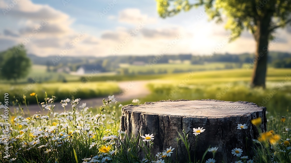  Empty podium against a green farm background for product presentation. Mockup platform with a village house and a road,