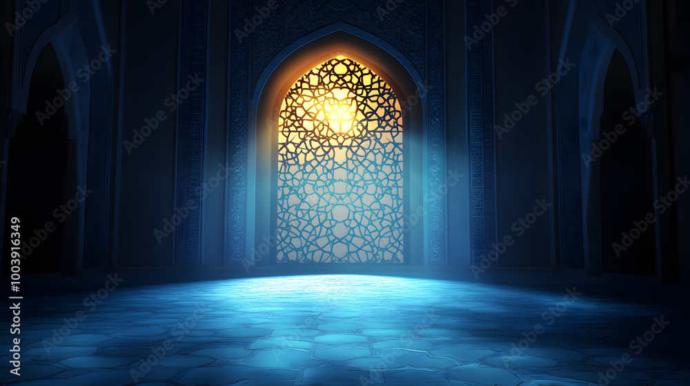 Moon light shine through the window into islamic mosque interior. Ramadan Kareem islamic background. 3d render illustration Moon light shine through the window into islamic mosque interior. Ramadan Kareem islamic background. 3d render illustration