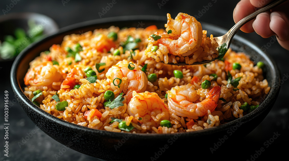 A person is eating shrimp and rice. The rice is brown and the shrimp is pink. The person is using a spoon to eat the food A person is eating shrimp and rice. The rice is brown and the shrimp is pink. The person is using a spoon to eat the food