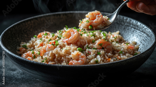 A person is eating shrimp and rice. The shrimp is in a bowl and the rice is on top of it