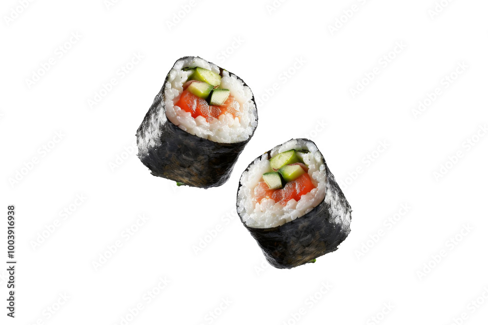 Sushi rolls or Maki with salmon and cucumber taste wrap by rice and seaweed falling in the air isolated on background. Sushi rolls or Maki with salmon and cucumber taste wrap by rice and seaweed falling in the air isolated on background.