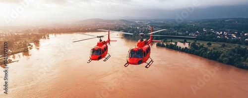 Two red helicopters flying over a river, capturing a stunning aerial view of the landscape and water below. photo