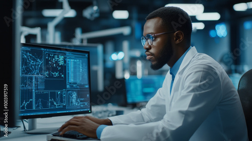 Researcher analyzing complex data on multiple screens in a modern laboratory setting during daytime