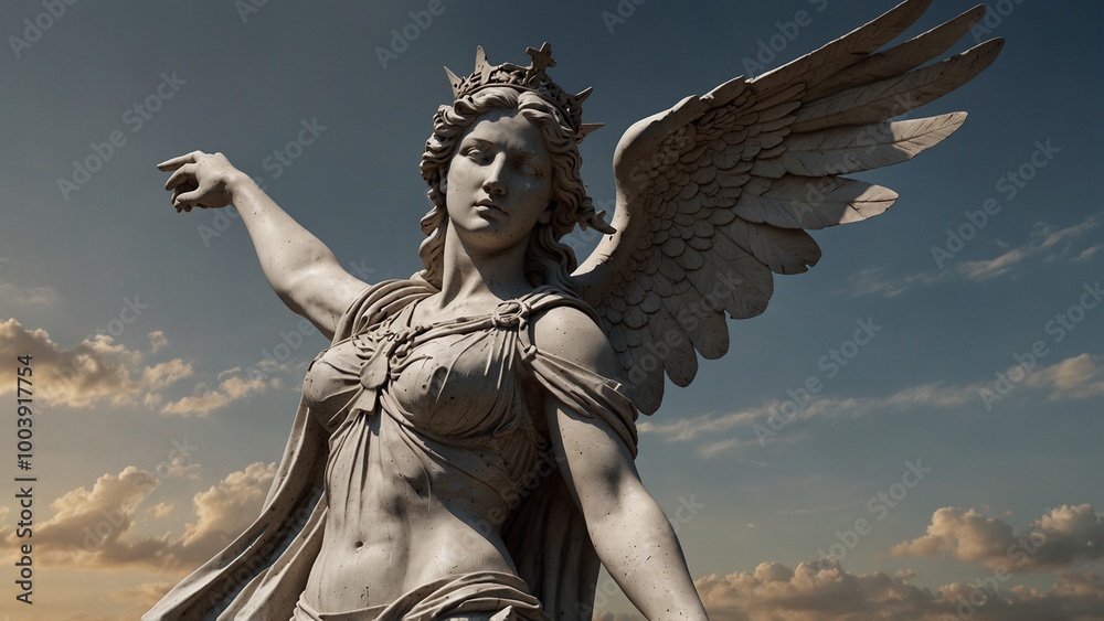 Naklejka premium A dynamic statue of Nike, the winged goddess of victory, flying above a battlefield, her arms outstretched as she crowns the victor.