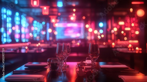 International cuisine served in a neon-lit futuristic restaurant with holographic menu displays Futuristic Neon High Detail