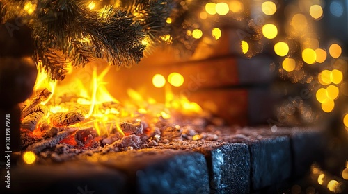 Cozy fireplace with glowing embers and festive lights, creating a warm and inviting atmosphere for winter gatherings. photo