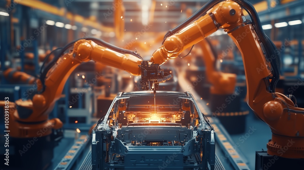 Robotic arms assembly line working on a car in a modern manufacturing facility during the day Robotic arms assembly line working on a car in a modern manufacturing facility during the day