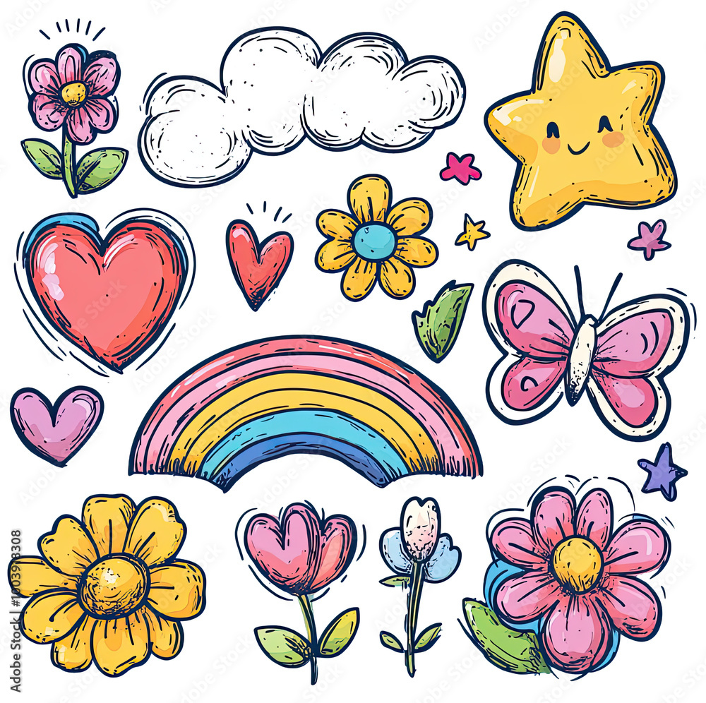 Naklejka premium Set of hearts, flowers, and rainbows