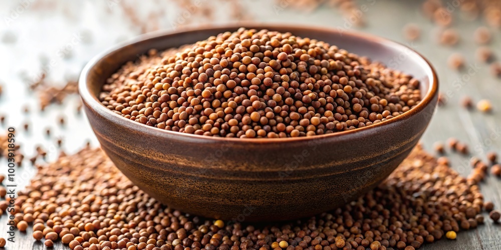 Long shot of brown mustard seeds in bowl on white background Long shot of brown mustard seeds in bowl on white background