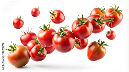 Long shot of flying fresh tomatoes isolated on white background with clipping path