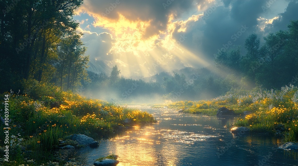 Sunbeams Through the Forest: A Serene River Scene Sunbeams Through the Forest: A Serene River Scene