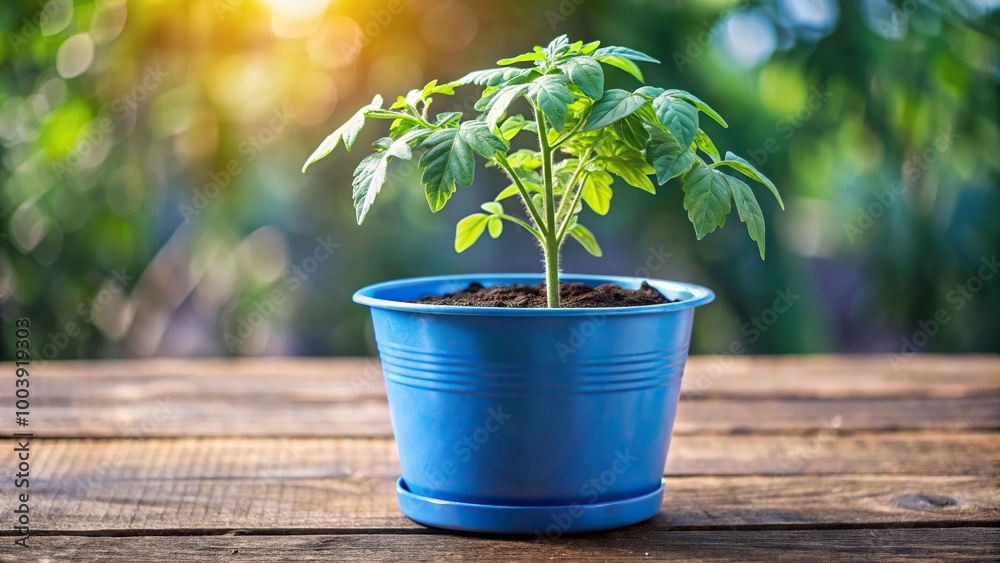 Long Shot tomato plant in blue pot with ground during early spring garden preparations Long Shot tomato plant in blue pot with ground during early spring garden preparations