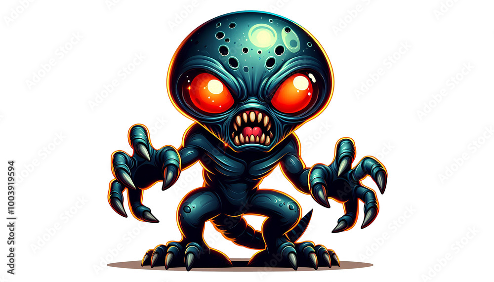Alien monster character, with glowing eyes, ready to attack, in cartoon style Alien monster character, with glowing eyes, ready to attack, in cartoon style