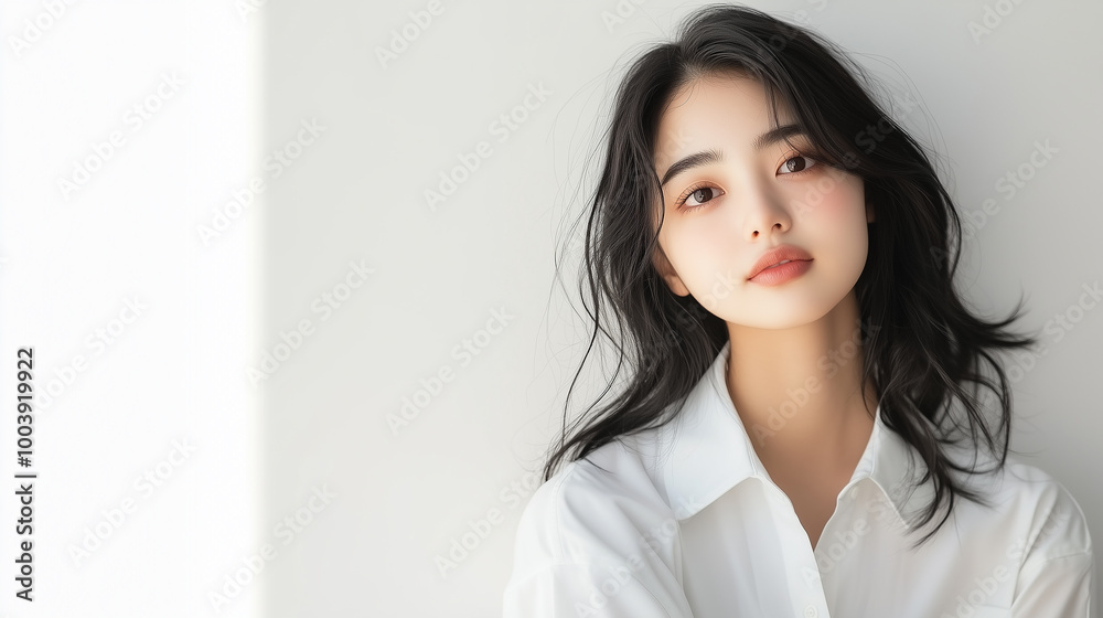 young woman with long black hair and white shirt gazes softly at camera, standing against light background. young woman with long black hair and white shirt gazes softly at camera, standing against light background.