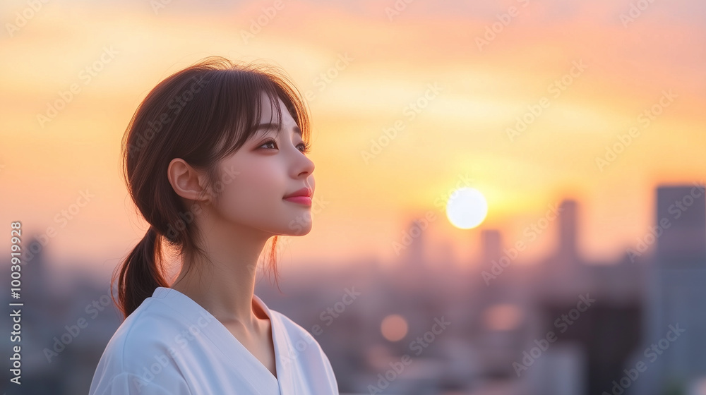 woman with serene expression gazes at sunset over cityscape, creating peaceful and reflective mood.