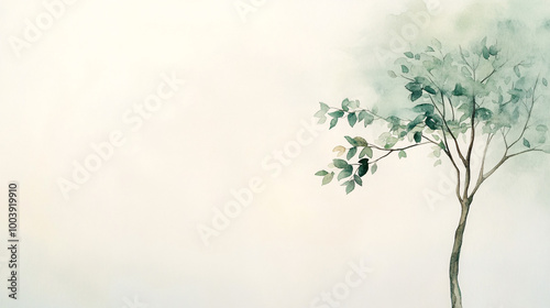 A delicate watercolor painting of a lush green tree with soft pastel colors. The tree is rendered with gentle, flowing brushstrokes, giving it a serene and peaceful appearance. The branches extend