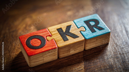 OKR Wooden Puzzle Blocks Concept for Goal Setting and Business Strategy