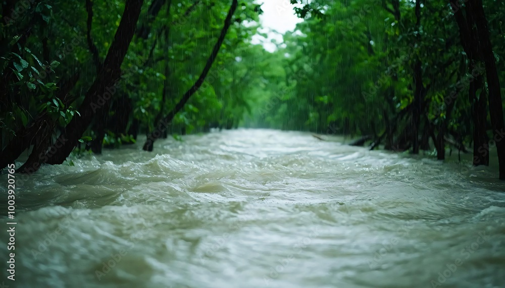 A serene river flowing through lush greenery, showcasing the beauty of nature and refreshing tranquility after rainfall. A serene river flowing through lush greenery, showcasing the beauty of nature and refreshing tranquility after rainfall.