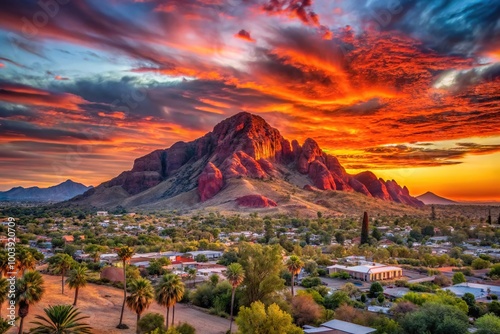 Low angle late evening sun glowing red on Camelback Mountain in Phoenix Scottsdale Arizona USA