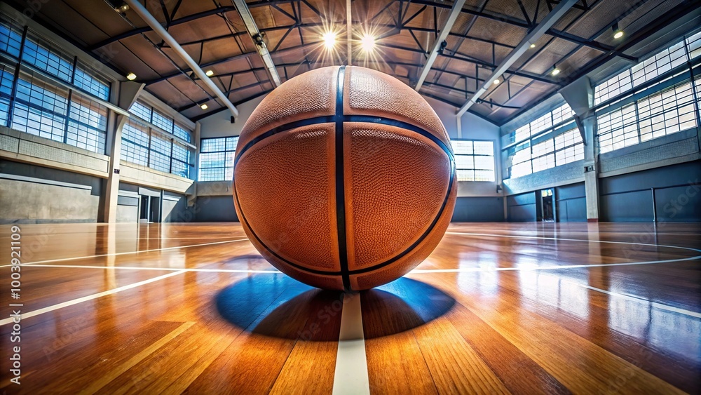 Low angle shot of a basketball court with a ball Fisheye Low angle shot of a basketball court with a ball Fisheye