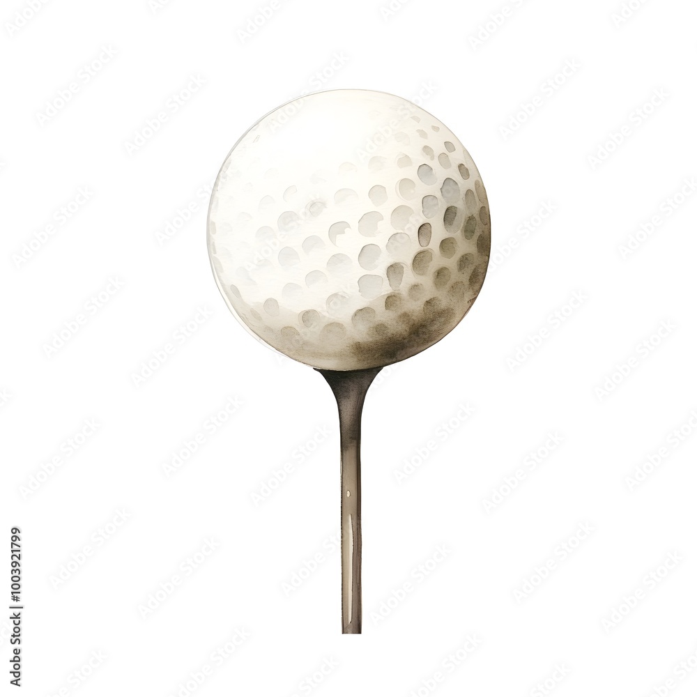 Watercolor of a Golf Ball Resting on a Wooden Tee Against a White Background Watercolor of a Golf Ball Resting on a Wooden Tee Against a White Background