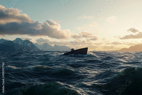 A solitary boat navigates the vast ocean at sunset, surrounded by majestic mountains and rolling waves, evoking a sense of tranquility. photo