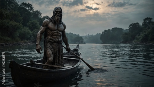 A powerful statue of Charon, the ferryman of the underworld, standing by his boat as souls wait to be ferried across the river Styx. photo