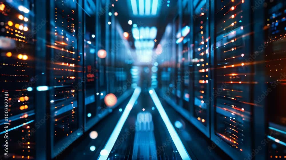 Data center with a row of computer servers. Abstract generic concept of cyberspace, communication and technology. Data center with a row of computer servers. Abstract generic concept of cyberspace, communication and technology.