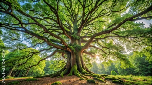 Low angle view of a massive tree against a forest landscape photo