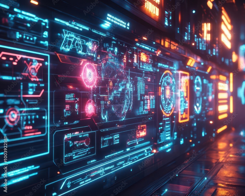 Public spaces in a futuristic city, with glowing holographic navigation signs and neon-lit surroundings Futuristic Neon High Detail Public spaces in a futuristic city, with glowing holographic navigation signs and neon-lit surroundings Futuristic Neon High Detail